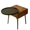22 Inch Handcrafted 2 Tone Acacia Wood End Side Table, Round Metal Tray Top, 1 Drawer, Brown, Black