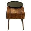 22 Inch Handcrafted 2 Tone Acacia Wood End Side Table, Round Metal Tray Top, 1 Drawer, Brown, Black