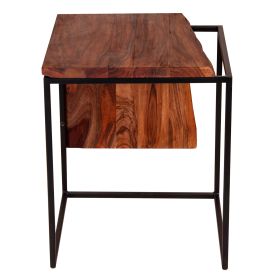 21 Inch Solid Acacia Wood Accent End Side Table, Live Edge, Metal Frame, Brown, Black