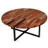 Peter 35 Inch Round Coffee Table, Solid Acacia Wood Tabletop, Steel Frame, Brown, Black
