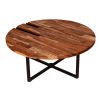 Peter 35 Inch Round Coffee Table, Solid Acacia Wood Tabletop, Steel Frame, Brown, Black