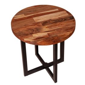 Peter 18 Inch Round End Side Table, Solid Acacia Wood Tabletop, Steel Frame, Brown, Black