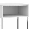 Bedside Nightstand with Open Compartment and Tubular Metal Base, White and Chrome