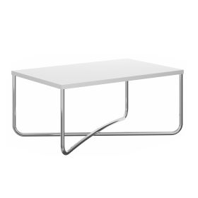 Wren 35 Inch Modern Coffee Table, Rectangular Top, Steel Cross Base, White, Chrome