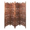 80 Inch Handcrafted 4 Panel Carved Wood Room Divider Screen, Intricate Cutout Details, Brown