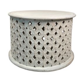 28 Inch Artisanal Round Mango Wood Coffee Table, Intricate Diamond Lattice Cut Out Frame, Washed White