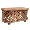 36 Inch Handcrafted Oval Coffee Table, Intricate Cutout Design, Antique Brown