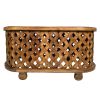36 Inch Handcrafted Oval Coffee Table, Intricate Cutout Design, Antique Brown