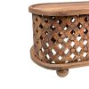 36 Inch Handcrafted Oval Coffee Table, Intricate Cutout Design, Antique Brown