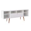Reece 63 Inch Handcrafted Modern Wood TV Media Entertainment Console, Drop Down Storage, 2 Tone, Brown Legs, White