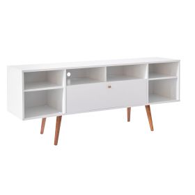 Reece 63 Inch Handcrafted Modern Wood TV Media Entertainment Console, Drop Down Storage, 2 Tone, Brown Legs, White