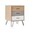 Harper 24 Inch Handcrafted Modern Tricolor Wood Nightstand, 3 Drawers, Metal Hairpin Legs, Oak, White, Gray