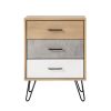 Harper 24 Inch Handcrafted Modern Tricolor Wood Nightstand, 3 Drawers, Metal Hairpin Legs, Oak, White, Gray