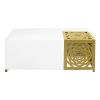 48 Inch Rectangular Modern Coffee Table with Geometric Cut Out Design, White and Brass