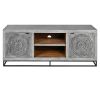 63 Inch Handcrafted TV Media Entertainment Console, 2 Medallion Engraved Doors, Sandblasted Gray Mango Wood, Black Iron Stand