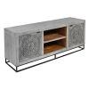 63 Inch Handcrafted TV Media Entertainment Console, 2 Medallion Engraved Doors, Sandblasted Gray Mango Wood, Black Iron Stand