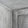 63 Inch Handcrafted TV Media Entertainment Console, 2 Medallion Engraved Doors, Sandblasted Gray Mango Wood, Black Iron Stand