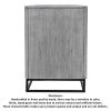 63 Inch Handcrafted TV Media Entertainment Console, 2 Medallion Engraved Doors, Sandblasted Gray Mango Wood, Black Iron Stand