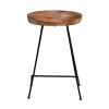 26 Inch Industrial Counter Height Stool, Contoured Mango Wood Seat, Iron, Cafe Brown, Black