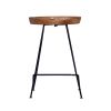 26 Inch Industrial Counter Height Stool, Contoured Mango Wood Seat, Iron, Cafe Brown, Black