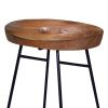 26 Inch Industrial Counter Height Stool, Contoured Mango Wood Seat, Iron, Cafe Brown, Black