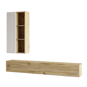 Carl 69 Inch Wall Mount TV Console Media Entertainment Center, 2 Piece Set With Cabinet, Natural