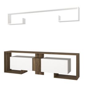 71 Inch Wooden TV Console Entertainment Media Center, 2 Piece Set, Wall Mounted Floating Shelf, White, Brown
