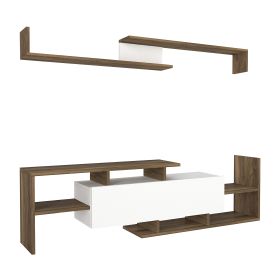 Seth 60 Inch Modern Wooden TV Console Entertainment Center with Floating Wall Shelf, 2 Piece Set, White and Brown