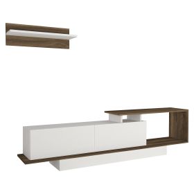 Seth 71 Inch Modern Wooden TV Console Entertainment Center with Floating Wall Shelf, 2 Piece Set, White and Brown