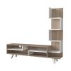 59 Inch Modern Wood TV Console Entertainment Center, Stacked Shelves, White and Oak Brown