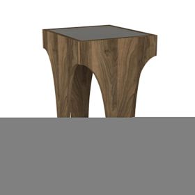 23 Inch Rectangular Glass Top Side Table, Chiseled Arch Panel Legs, Walnut, Smokey Black