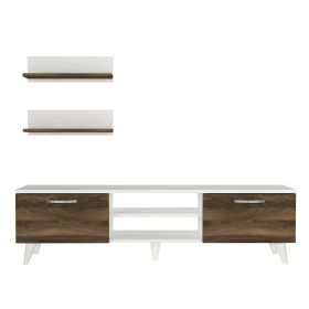 59 Inch Wood TV Console Entertainment Center, 2 Drop Down Doors, 2 Wall Shelves, Walnut, White