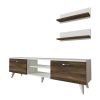 59 Inch Wood TV Console Entertainment Center, 2 Drop Down Doors, 2 Wall Shelves, Walnut, White
