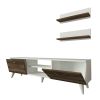 59 Inch Wood TV Console Entertainment Center, 2 Drop Down Doors, 2 Wall Shelves, Walnut, White