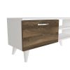 59 Inch Wood TV Console Entertainment Center, 2 Drop Down Doors, 2 Wall Shelves, Walnut, White