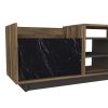 71 Inch Modern Wooden TV Console Cabinet, 2 Doors, 4 Open Compartments, Walnut and Black