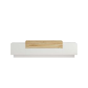 Belle 63 Inch Wooden TV Console Entertainment Media Center, 4 Drop Down Doors, White, Natural