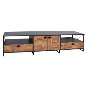 71 Inch Industrial Wooden TV Stand Media Entertainment Center, 4 Doors, 2 Open Compartments, Metal Frame, Brown, Black