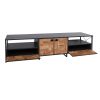 71 Inch Industrial Wooden TV Stand Media Entertainment Center, 4 Doors, 2 Open Compartments, Metal Frame, Brown, Black