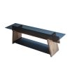 62 Inch Modern Tempered Glass Rectangular Top TV Console Stand, Wood Frame, Glass Bottom Shelf, Black, Brown