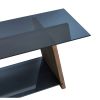 62 Inch Modern Tempered Glass Rectangular Top TV Console Stand, Wood Frame, Glass Bottom Shelf, Black, Brown