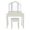 35 Inch 3 Piece Vanity Desk Set with Cushioned Stool and Elegant Trifold Mirror, 4 Drawers, Off White Solid Wood