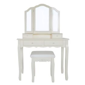 35 Inch 3 Piece Vanity Desk Set with Cushioned Stool and Elegant Trifold Mirror, 4 Drawers, Off White Solid Wood