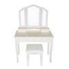 35 Inch 3 Piece Vanity Desk Set with Cushioned Stool and Elegant Trifold Mirror, 4 Drawers, Off White Solid Wood