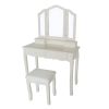 35 Inch 3 Piece Vanity Desk Set with Cushioned Stool and Elegant Trifold Mirror, 4 Drawers, Off White Solid Wood
