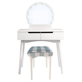 32 Inch 3 Piece Vanity Dressing Table Set with LED Mirror, 2 Drawers, Cushioned Stool, White Solid Wood