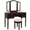43 Inch 3 Piece Vanity Desk Set with Elegant Trifold Mirror and a Cushioned Stool, Espresso Brown Solid Wood
