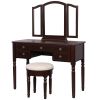 43 Inch 3 Piece Vanity Desk Set with Elegant Trifold Mirror and a Cushioned Stool, Espresso Brown Solid Wood