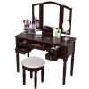 43 Inch 3 Piece Vanity Desk Set with Elegant Trifold Mirror and a Cushioned Stool, Espresso Brown Solid Wood