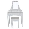 32 Inch 3 Piece Vanity Desk Set with LED Lights, 5 Drawers, Cushioned Stool, White Solid Wood